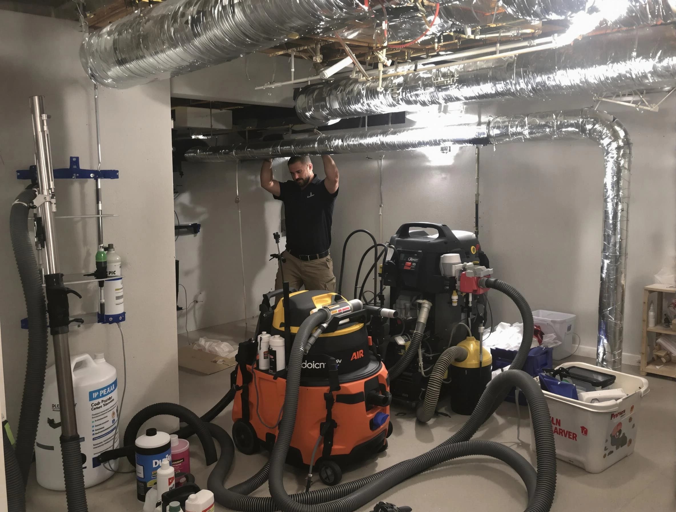 Argo Air Duct Cleaning specialist performing professional mold removal from air ducts using safety equipment in Argo